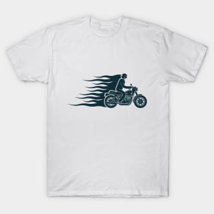 Simple biker pictogram emblem with a motorcycle racer and flames T-Shirt